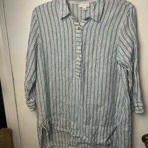 J. Jill Light Blue and White Striped Blouse 100% linen